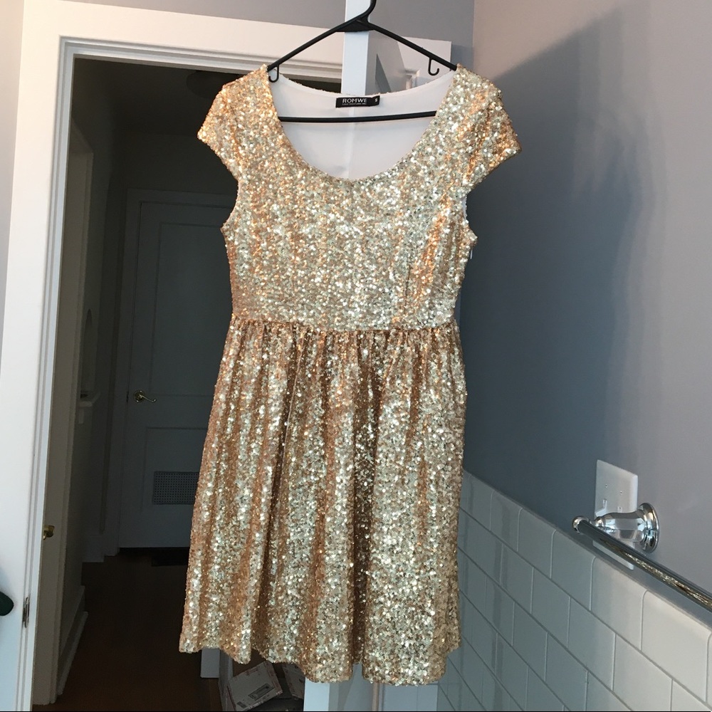 Romwe Gold Sequin Going Out Dress
